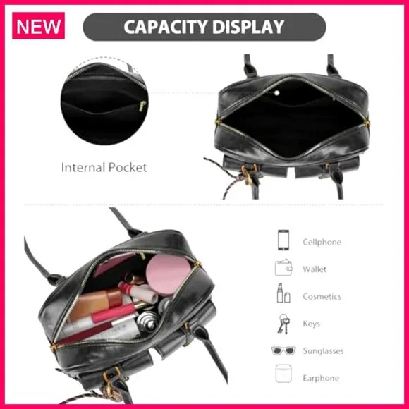 PU Leather Shoulder Bag Top Handle Multiple Pockets Retro Y2K Tote - Picture 6 of 8